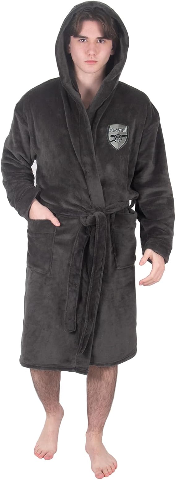 Arsenal FC Official Gift Mens Hooded Fleece Dressing Gown Robe Grey XL