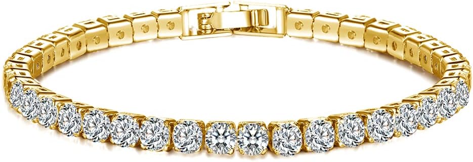 Apzzic 4mm Iced Out Gold Plated Tennis Chain Round Cubic Zirconia Diamond Cuban Link Bracelet for Women Men Rose Gold 7Inch
