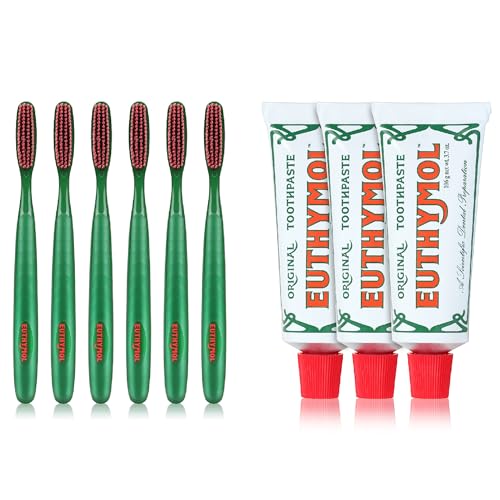 Euthymol Original Toothpaste Pack of 3  Classic Toothbrush Pack of 6 for Sensitive Teeth & Gum. Bad Breath, Cavity Prevention, Gentle, Quick Cleaning