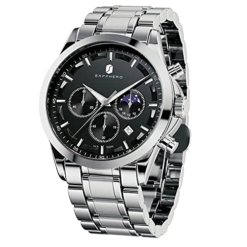 SAPPHERO Watch for Men Chronograph 100M Waterproof Stylish Business Casual Quartz Mens Watches LeatherStainless Steel Band Luminous Calendar Young Mens Watches