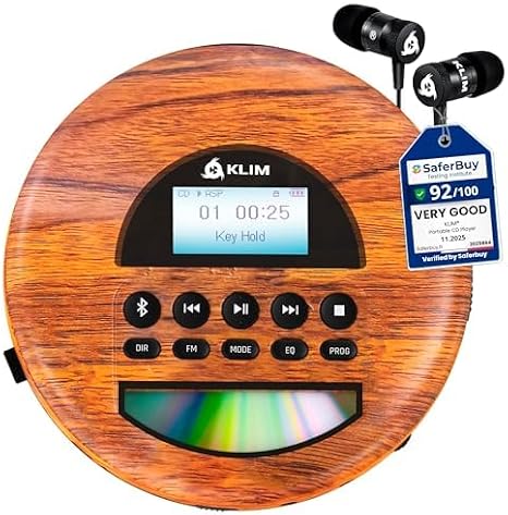 KLIM Nomad Wood - New - Portable CD Player Walkman - Long-Lasting Battery - Includes Headphones - Radio FM - Compatible MP3 CD Player Portable - TF Card Radio FM Bluetooth - Ideal for Cars