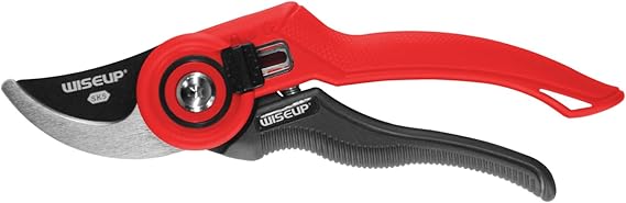 WISEUP Pruning Shears Garden Tool Garden Pruning Scissors | with SK5 Steel Blades, Red, Ambidextrous, Modern, Anvil Type, Flat Edge