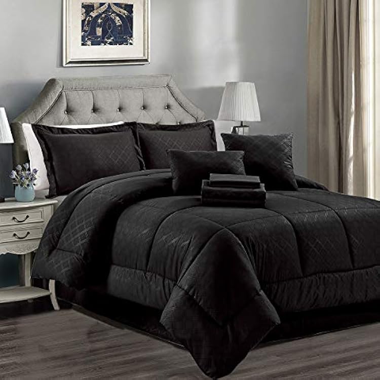 JML King Comforter Set, 10 Piece Microfiber Bedding Set, Comforter, Shams and Pillows - 430GSM Heavyweight, Luxury Solid Color Quilted Pattern, Black