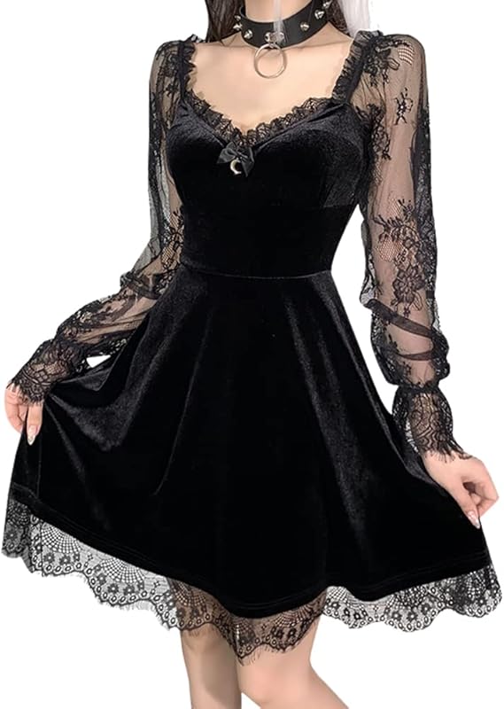 Women's Vintage Gothic Punk Mini Dresses Black Lace Long Sleeve Lolita Mini Dress Goth Aesthetic Clothes