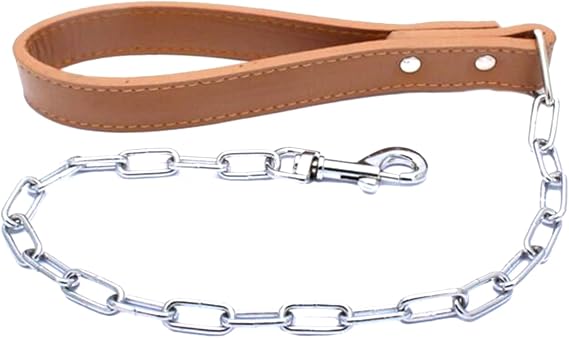28 inch Length Heavy Duty Dog Chain Lead Leash Leather Handle for Large & Medium Size Dogs Walking,Traffic Training and Traveling (Brown)