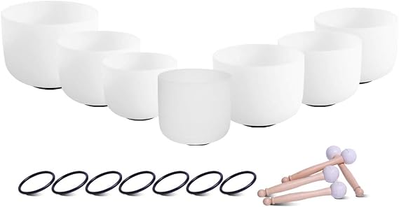 432Hz Chakra Tuned Set of 7 Frosted Quartz Crystal Singing Bowl 8-12 inch | 3PCS mallets& 7 PCS O-rings included