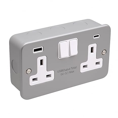 SHPELEC® Metal Clad 2 Gang 13A Switched Socket with USB A &amp; C Ports – Heavy Duty Double Socket – Industrial Grade – Steel Clad – UK Standard (USB Type (A &amp; C), 1 Pack)