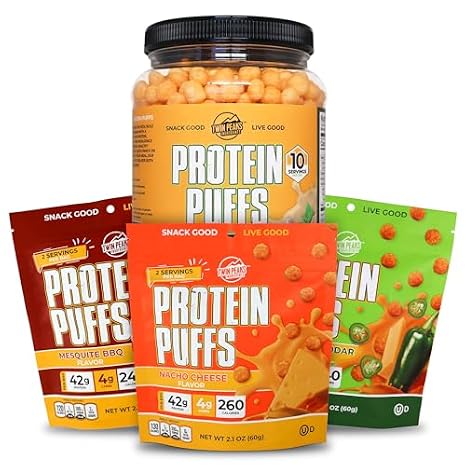Twin Peaks Low Carb, Keto Friendly Protein Puffs, Garlic Parmesan (300g, 21g Protein, 2g Carbs) + Twin Peaks Ingredients Low Carb, Keto Friendly Protein Puffs, (Variety Pack, 2.1 Ounce), 2 Servings,