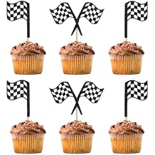 12 Pcs Racing Flag Cupcake topper,Black Glitter Race Car Finish Line Checkered Flags Cupcake Toppers,Racing Flag Finish Line Birthday Party Supplies