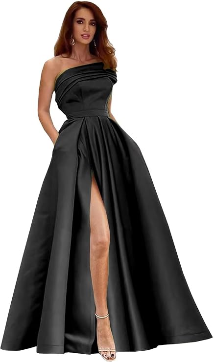 Sukleet Satin Black Prom Dresses Long with Pockets One Shoulder Evening for Women Formal Slit Size 16