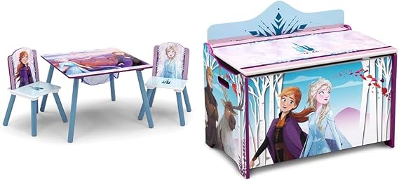 Delta Children Kids Table and Chair Set with Storage (2 Chairs Included) - Ideal for Arts & Crafts, Snack Time, Homeschooling, Homework & More, Disney Frozen II & Deluxe Toy Box, Disney Frozen II