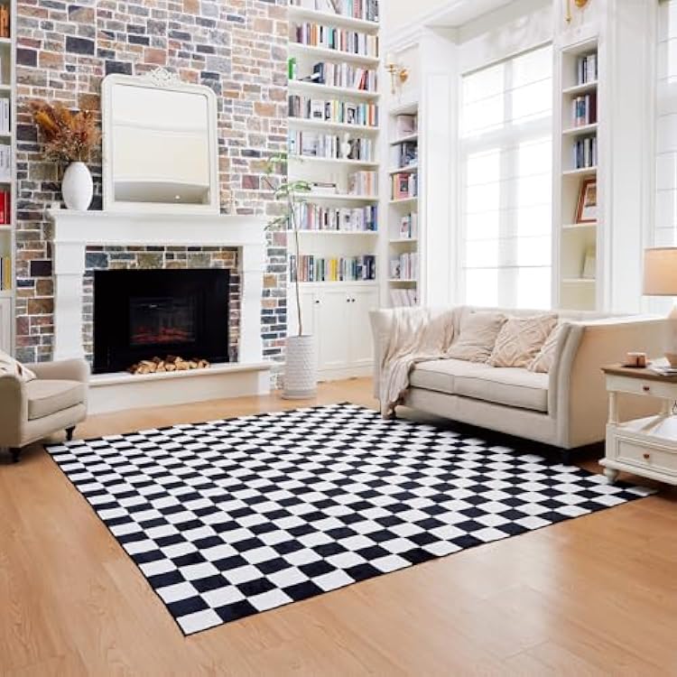 Machine Washable Checkered Rug - Soft for Livingroom, Bedroom, Playroom, Kitchen or Nursery - Black White - 3x5