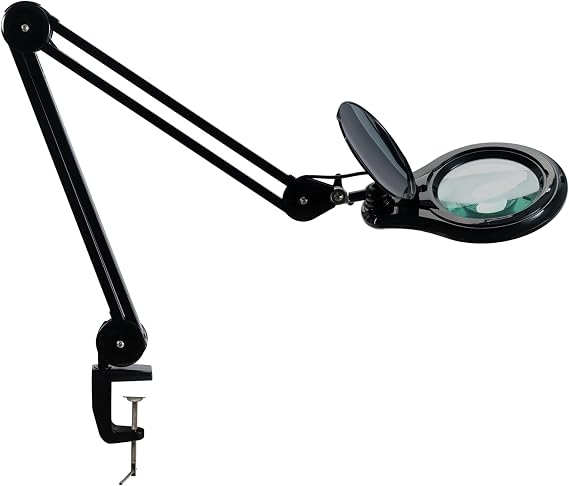 LED Magnifying Lamp with Clamp, 14W 1200LM, 2.25X, Black | 5-inch glass lens with 60 SMD LEDs delivers distortion-free magnification and 4 brightness levels