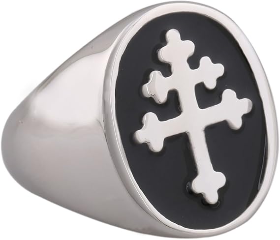 Black Enamel Cross of Lorraine Stainless Steel Mens Ring Knights Templar Crusader