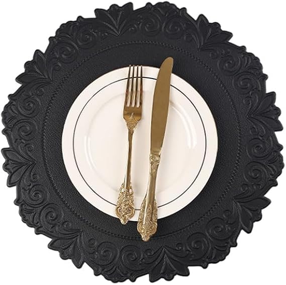 Round Faux Leather Placemats Set of 6, Dining Table Mats, Black | Engraved Texture, 15 Inch Diameter, Waterproof and Wipeable, Heat Resistant, Non Slip, Indoor or Outdoor Dining