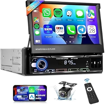 Podofo Upgrade Wireless CarPlay Single Din Radio 7 Inch Flip Out Touchscreen Car Stereo with Wireless Android Auto Bluetooth Mirror Link AMFM USB Car Play Car Audio Receiver HD Backup Camera