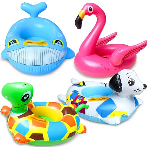 4 Pack Inflatable Pool Floats for Toddler Age 3-7 Animal Swim Tube Rings for Kids Infant Baby Ride on Beach Floaties with Safety Seat&Handle for Summer Lake Pool Flamingo, Turtle, Whale, Dalmatian