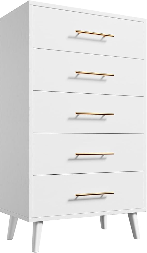 Aiho 5 Drawer Dresser, Tall Dresser, White | Wood Dresser with Metal Handles for Organized Storage for Bedrooms, Hallways or Entryways