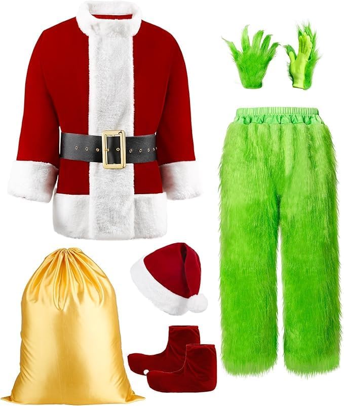 Green Santa Costumes Deluxe Furry Santa Suit for Men 8Pcs Christmas Halloween Costumes Adult Green Santa Outfit