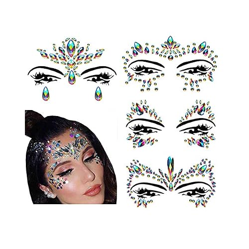 Face Gems Stickers, 4 Pcs Self-Adhesive Rainbow Face Jewels for Women, Mermaid Carnival Mardi Gras Rave Festival Makeup Rhinestone Stickers, Easy to Apply & Remove