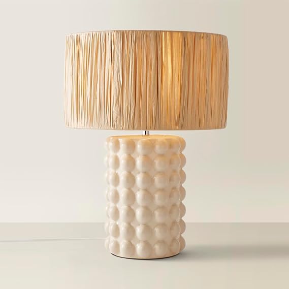 ValueLights | Stone Bobble Ceramic Bedside Table Lamp with Natural Raffia Lampshade Living Room Bedroom Light | Table Lamps, Home Décor & Improvement Essential | Included LED Bulb [Energy Class F]