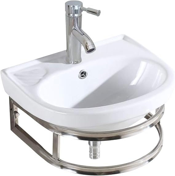 16" Small Ceramic Sink with Faucet and Bracket Wall Mount Basin Sink Small Cloakroom Basin Wall Corner Bathroom Vessel Sink Countertop