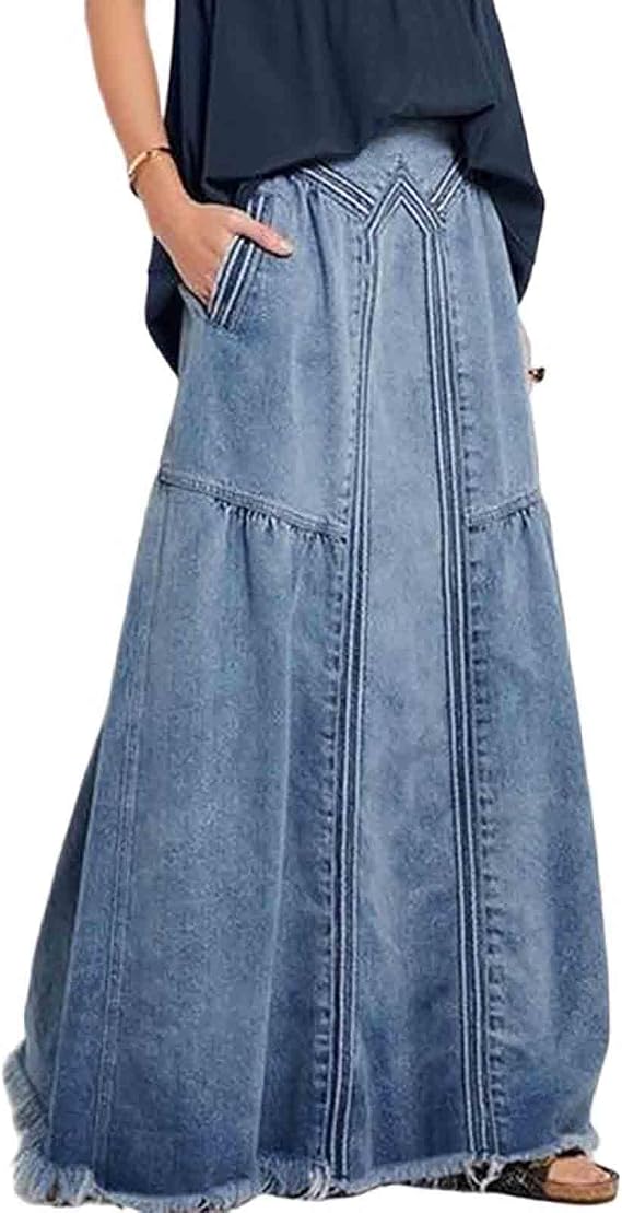 Women's Casual Elastic Large Size Women's Denim Skirt Waist Frayed Hem A-Line Distressed Hippie Long Maxi Denim Skirt