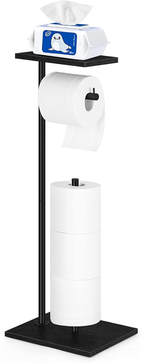 Black Toilet Paper Holder Stand FreeStanding Toilet Paper Storage Holder with Shelf Bathroom Floor Toilet Paper Roll Holder Stand Up Tissue Toilet Paper Dispenser Holds 4 Reserve Rolls