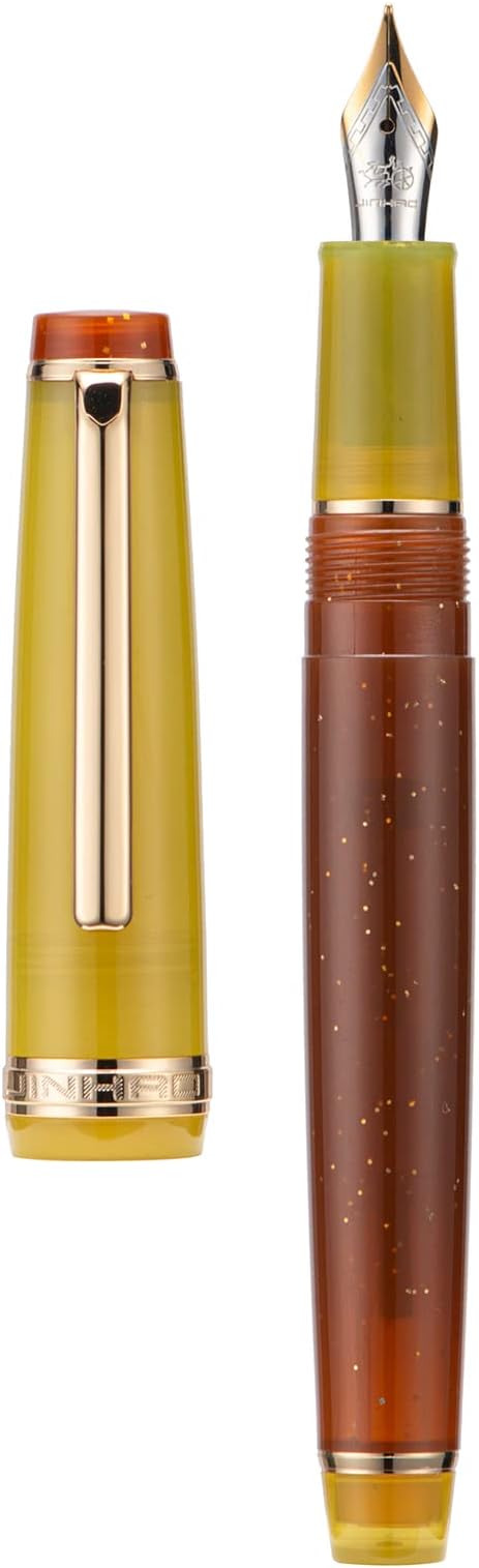 Jinhao 82 Acrylic Fountain Pen, Iridium Extra Fine Nib with Ink Converter, Vintage Coffee Fluorescent Contrast Color Classic Design Smooth Writing Pen (Gold Trim)