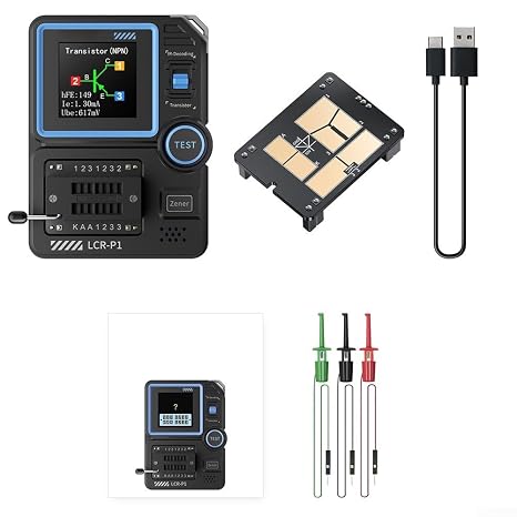 LCR-P1 Professional Transistor Tester with Anti-Burn for PROTECTION | Capacitor/Resistance Meter | Data Export | Replaceable Test Boards | 1.44" Color Screen for Diodes, MOSFET, IGBT, Zener Analysis