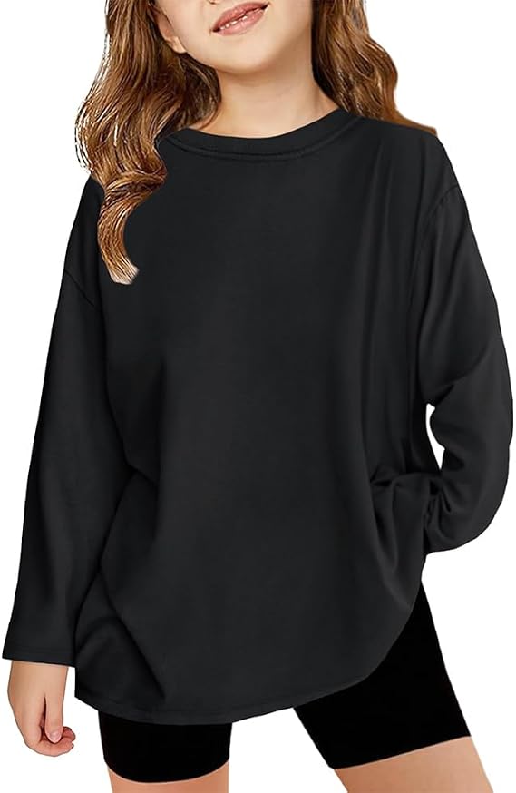 Girls Long Sleeve Basic T Shirts Kids Solid Tops | Kids 5-14 Years, Oversized Crewneck Loose Tees, Soft Lightweight and Breathable, Casual Daily Wear