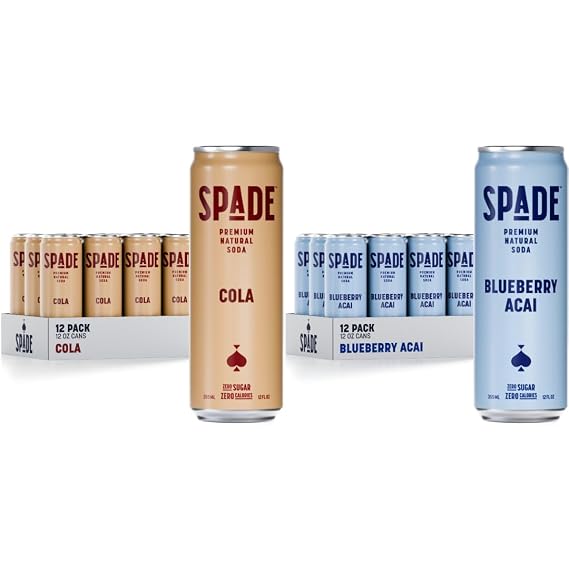 Spade Soda | Cola + Blueberry Acai, Premium All-Natural, No Sugar, No Calories, Electrolytes, Magnesium, Potassium, Non GMO, Sweet Stevia, No Artificial Sweeteners, Great Taste, Bold Taste