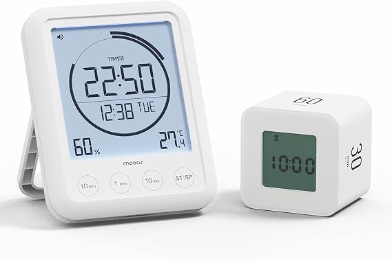 mooas Visual Timer Clock + Multi Cube Timer (White) - Waterproof Digital Shower Clock, Large Backlit Display, Countdown Timer, Rotating Timer for Cooking Kitchen & Bathroom, Work Desk Timer