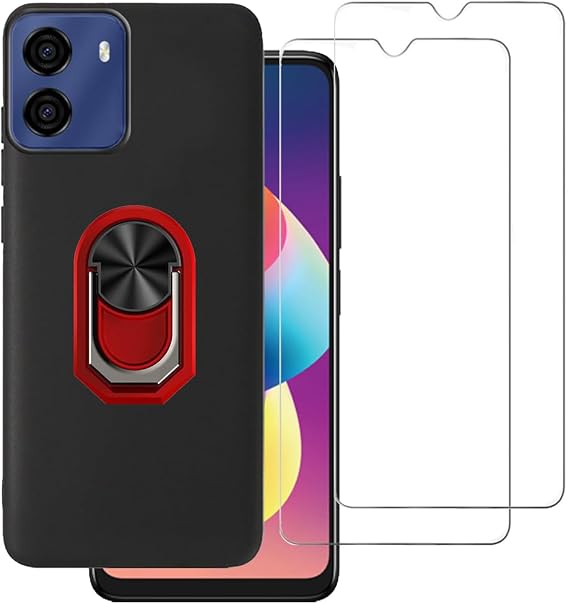 for BLU G35 Case Compatible for BLU G35 Phone Case Cover 2 Pack Screen Protector Tempered Glass Full Body Shock Protective Kickstand 360 Ring Holder Back -Red
