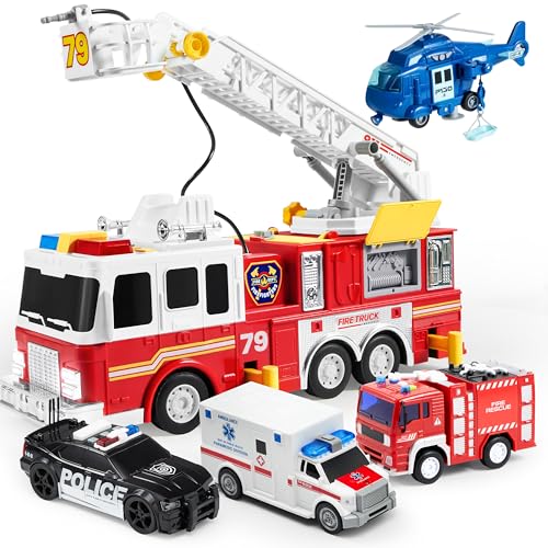 JOYIN Emergency Vehicle Playsets - 33-inch Ladder Fire Truck, Friction Powered Vehicles with Light and Sound, Including Fire Truck, Ambulance, Police Car