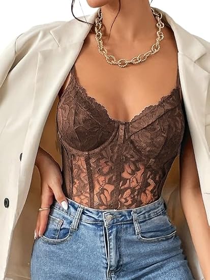 COZYEASE Women's Lace Bustier Cami Bodysuit Plain Sleeveless Slim Fit Sheer Mesh Corset Top Romper