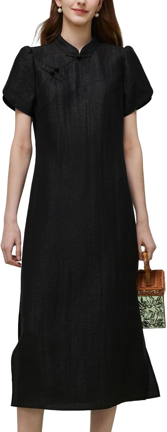 Womens 100% Silk Xiang Yun Yarn Midi Dress Summer Maxi Dresses Wedding Guest Dress Casual Long Dress