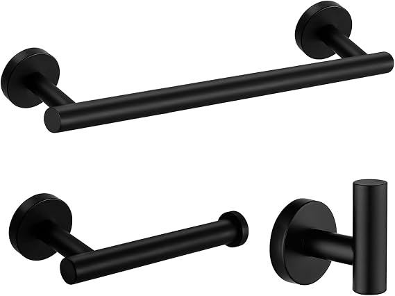 Nolimas 3-Pieces Set Matte Black Bathroom Hardware Set SUS304 Stainless Steel Round Wall Mounted - Includes 12" Hand Towel Bar,Toilet Paper Holder, Robe Towel Hooks,Bathroom Accessories Kit