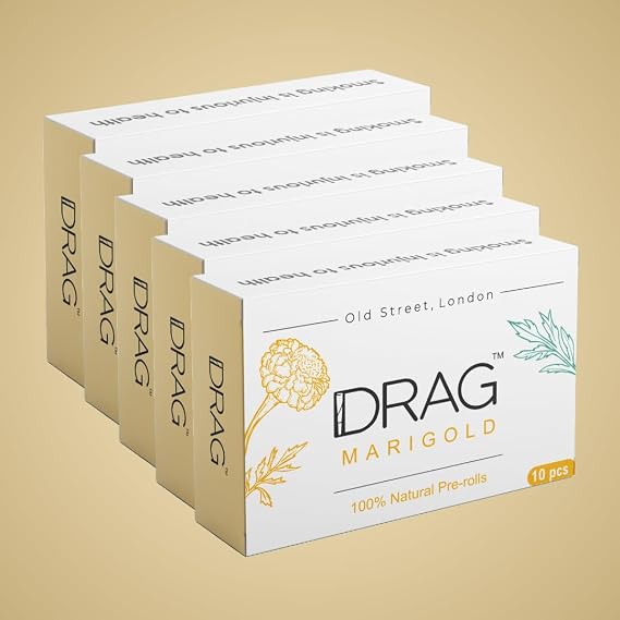 Drag Marigold, 10x5 Subtly Sour Herbal smokes (1 1/4 size), Blend of Baby Mugwort Leaves, Marigold Petals and Lemongrass, Nicotine Free, Tobacco Free, Relieve stress and Enhance your mood