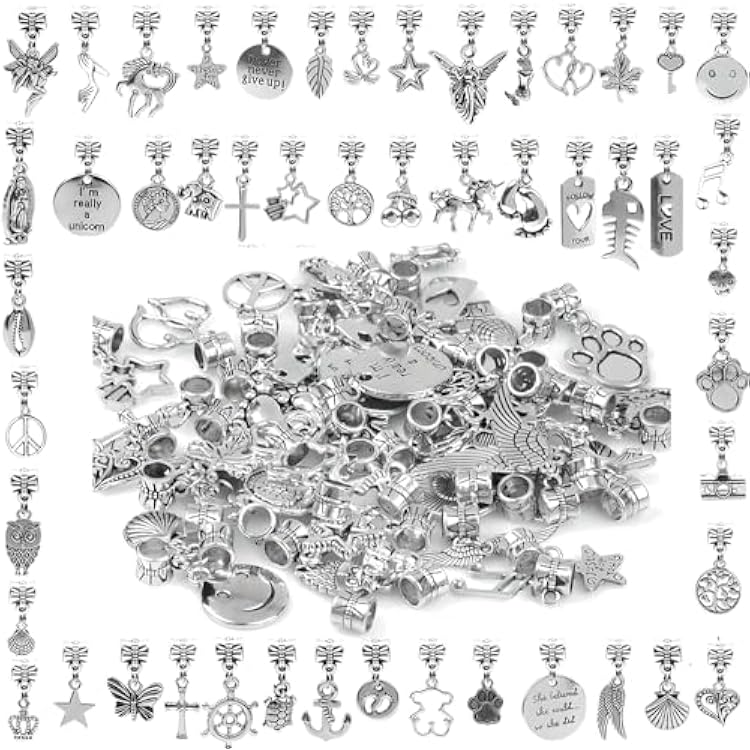 stino 50Pcs Silver Metal Bail Clasp Beads with Charms for Jewelry Making, Dangle Bracelet Necklace Findings & Supplies