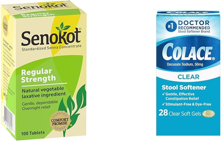 Senokot Regular Strength Natural Vegetable Laxative Ingredient,100 Count & Colace Clear Stool Softener Soft Gel Capsules Constipation Relief 50mg Docusate Sodium Doctor Recommended 28ct