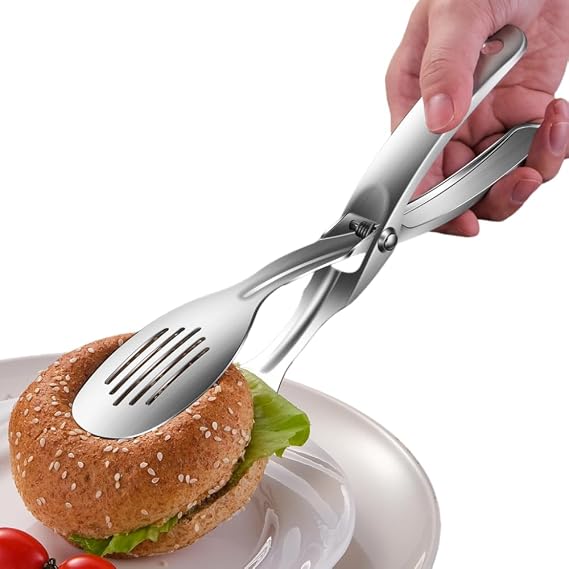 Kitchen Metal Tongs, 304 Stainless Steel Scissor Tongs | Heat-Resistant 600C, For Food, Steak, Bread, Pizza, Salads, BBQ, Stable Clamping and Flipping Performance, multi function