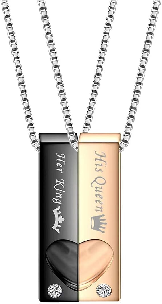 KunBead Jewelry Matching Couple Queen King Necklace Puzzle Heart for Him and Her sets for 2 Stainless Steel Valentines Day Birthday Gifts for Women Men