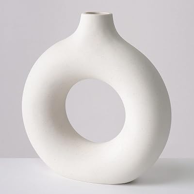 White Ceramic Donut Vases, Modern Minimalistic Circle Vase Boho Farmhouse Table Shelf Decor Pampas Dried Flowers Vase Living Room Home Decoration
