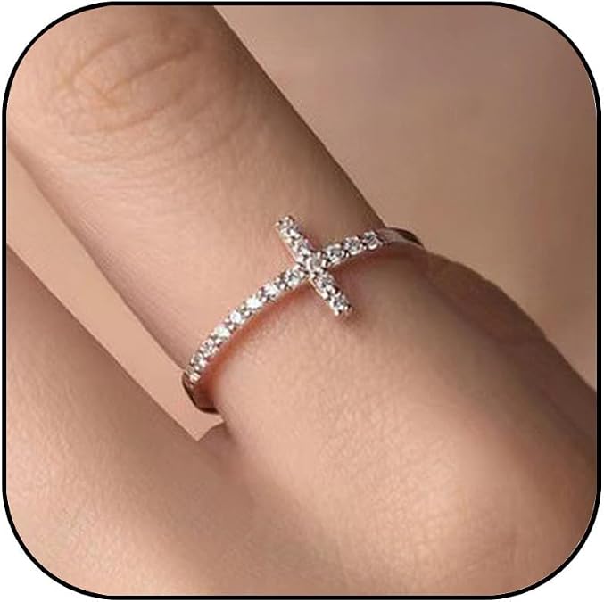 Silver Cross Statement Rings for Women Adjustable Open Rhinestone Cross Stackable Rings Trendy Jewelry Gift for Women