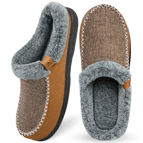 ATHMILE Mens Slippers Slip On Moccasin, Indoor Outdoor Warm Fuzzy Comfy House Shoes, Fluffy Wide Loafer Home Bedroom Slippers