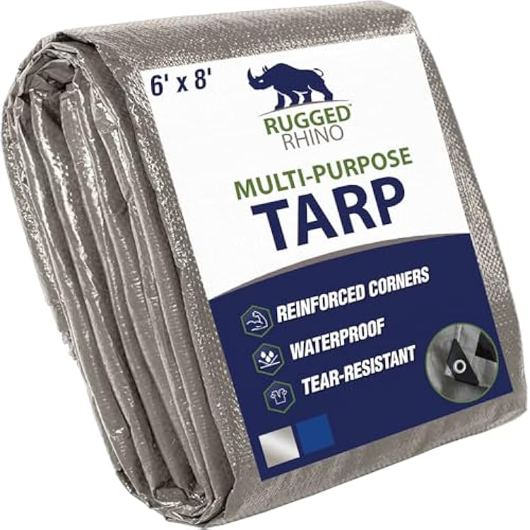 RUGGED RHINO Heavy Duty Waterproof Tarp, UV and Tear Resistant Cover with Reinforced Grommets and Corners, Outdoor Multipurpose Tarps for Camping, Patio, Garden, Car & Roof, 5 Mil, 6x8, 1 Pack, Silver
