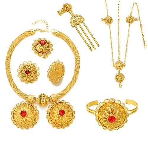 Ethiopian Jewelry for women Set New Designs 24K Gold Plated Pendant Earrings Hairpin Headchain Ring Habesha Wedding Gifts