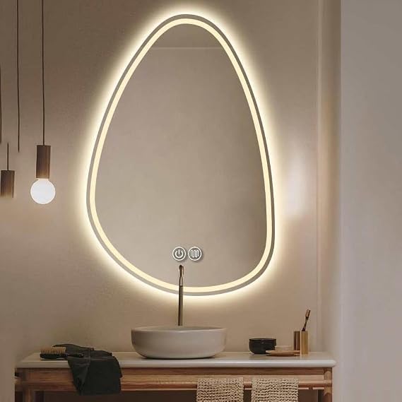 50X70CM|60X80CM|70x90CM Anti-Fog Bathroom Mirror with LED Lights, Irregular Teardrop Wall Mirror, Frontlit + Backlit Lighted Mirror, 3 Colors Temperature, Dimmable, Smart Touch(60X80CM)
