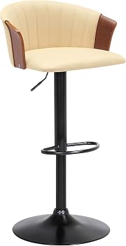 Armen Living Lydia Mid Century Modern Adjustable Height Swivel Walnut Wood Bar Stool for Kitchen Island Counter in Cream Faux Leather with Black Metal
